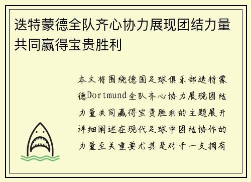 迭特蒙德全队齐心协力展现团结力量共同赢得宝贵胜利