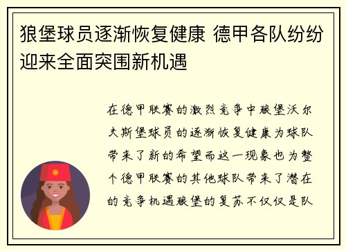狼堡球员逐渐恢复健康 德甲各队纷纷迎来全面突围新机遇