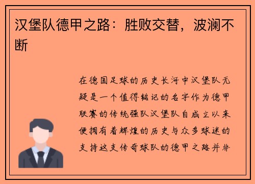 汉堡队德甲之路：胜败交替，波澜不断